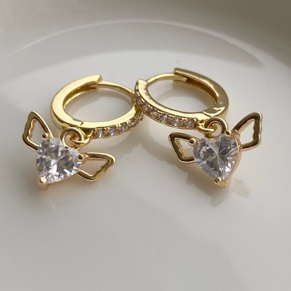 Winged Heart With Cubic Zirconia Hoop Earrings - Picture 4 of 6